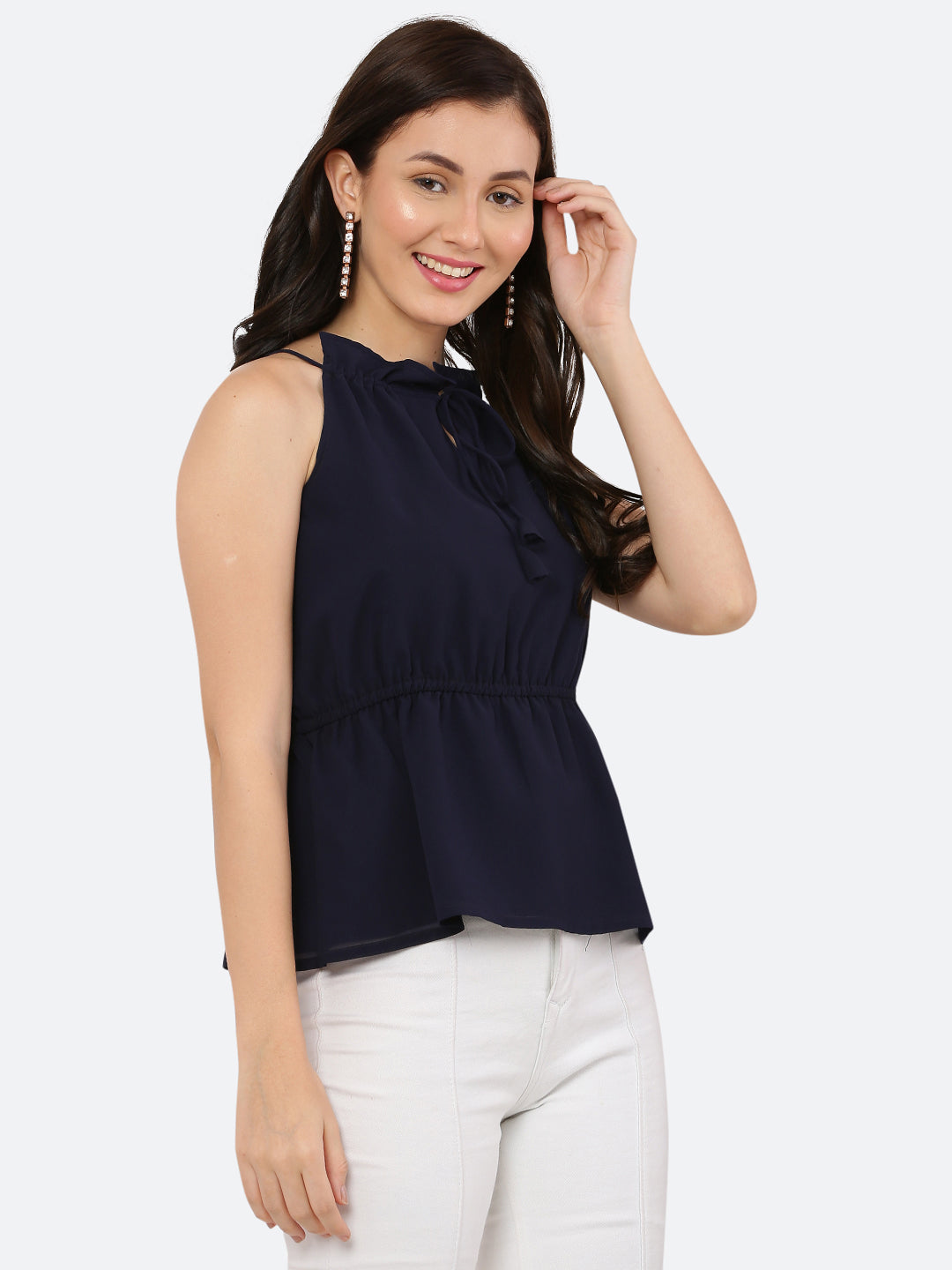 Blue halter neck top for women with a ruched waist and drawstring is a stylish and versatile piece of clothing. The halter neck design creates a flattering silhouette by accentuating the shoulders and neckline while the ruched waistline cinches in the waist and creates an hourglass shape. The drawstring allows for a customizable fit, making this top suitable for a range of body types.
