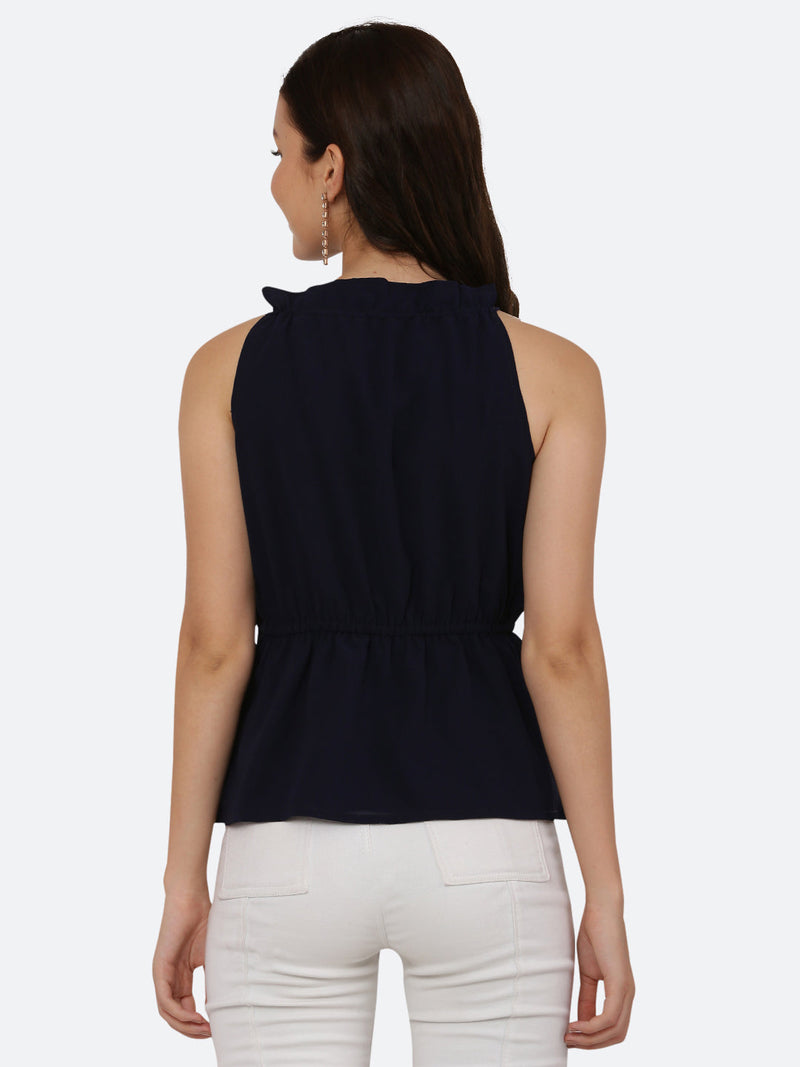 Blue halter neck top for women with a ruched waist and drawstring is a stylish and versatile piece of clothing. The halter neck design creates a flattering silhouette by accentuating the shoulders and neckline while the ruched waistline cinches in the waist and creates an hourglass shape. The drawstring allows for a customizable fit, making this top suitable for a range of body types.