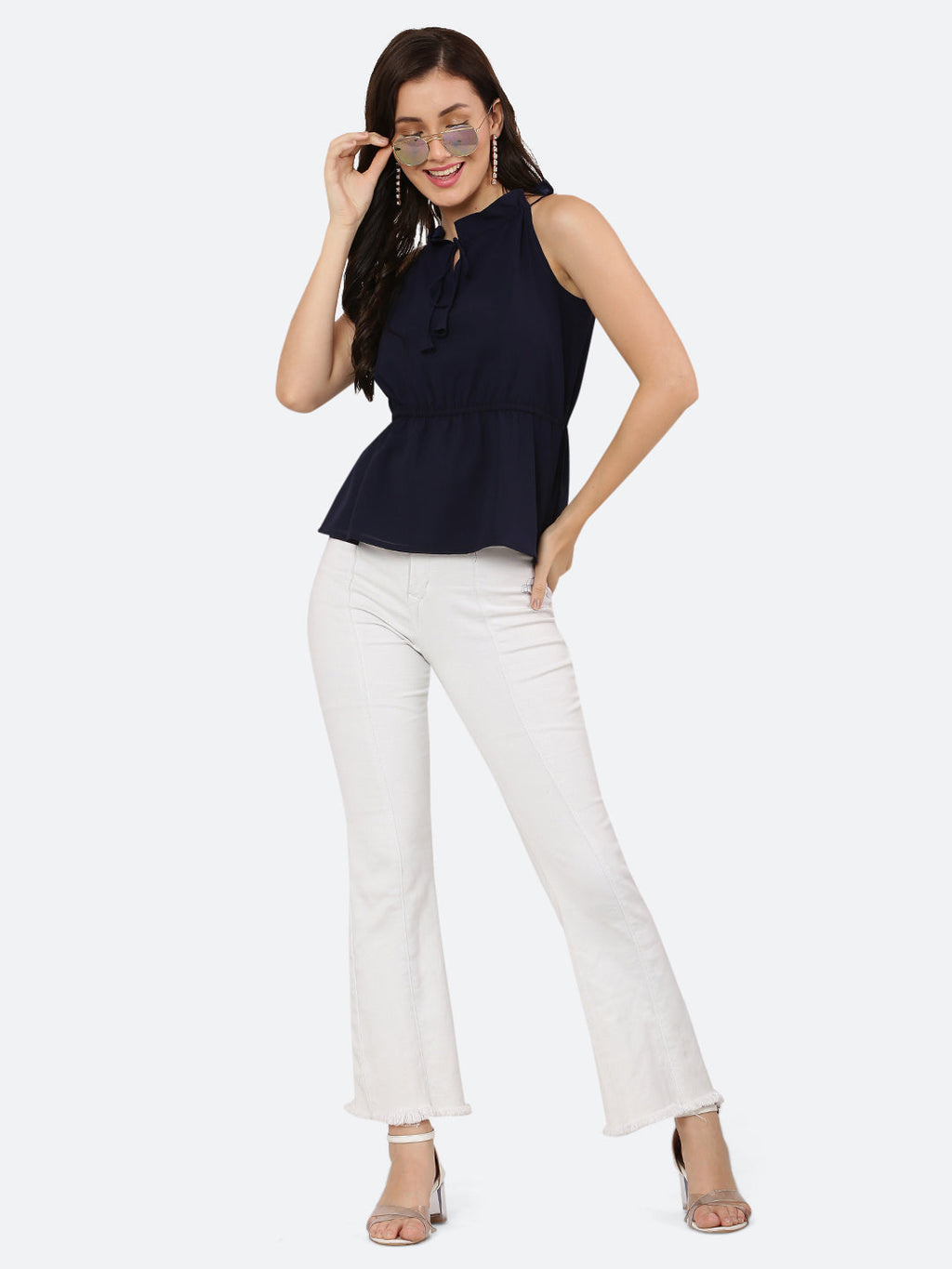 Blue halter neck top for women with a ruched waist and drawstring is a stylish and versatile piece of clothing. The halter neck design creates a flattering silhouette by accentuating the shoulders and neckline while the ruched waistline cinches in the waist and creates an hourglass shape. The drawstring allows for a customizable fit, making this top suitable for a range of body types.