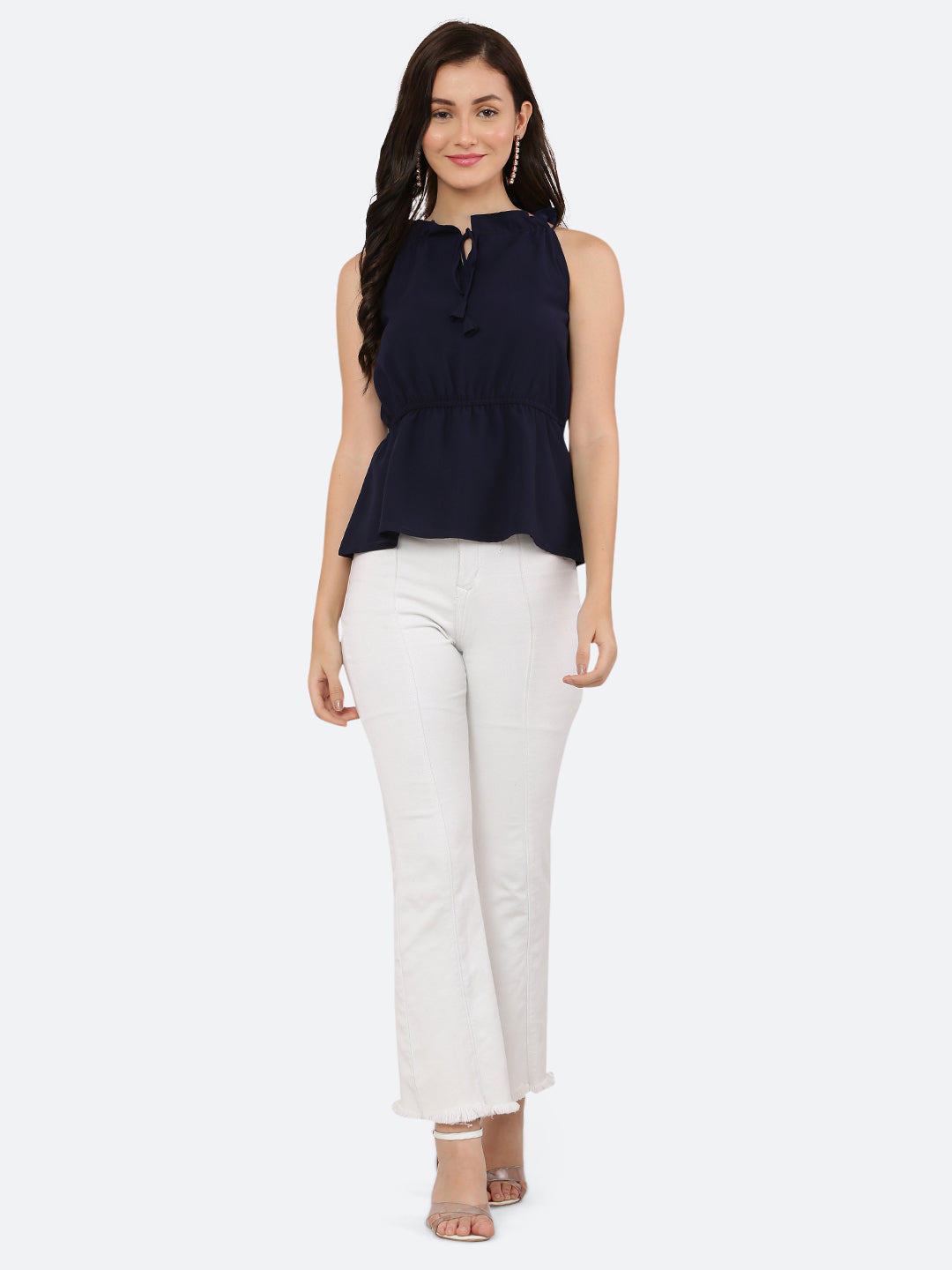Blue halter neck top for women with a ruched waist and drawstring is a stylish and versatile piece of clothing. The halter neck design creates a flattering silhouette by accentuating the shoulders and neckline while the ruched waistline cinches in the waist and creates an hourglass shape. The drawstring allows for a customizable fit, making this top suitable for a range of body types.