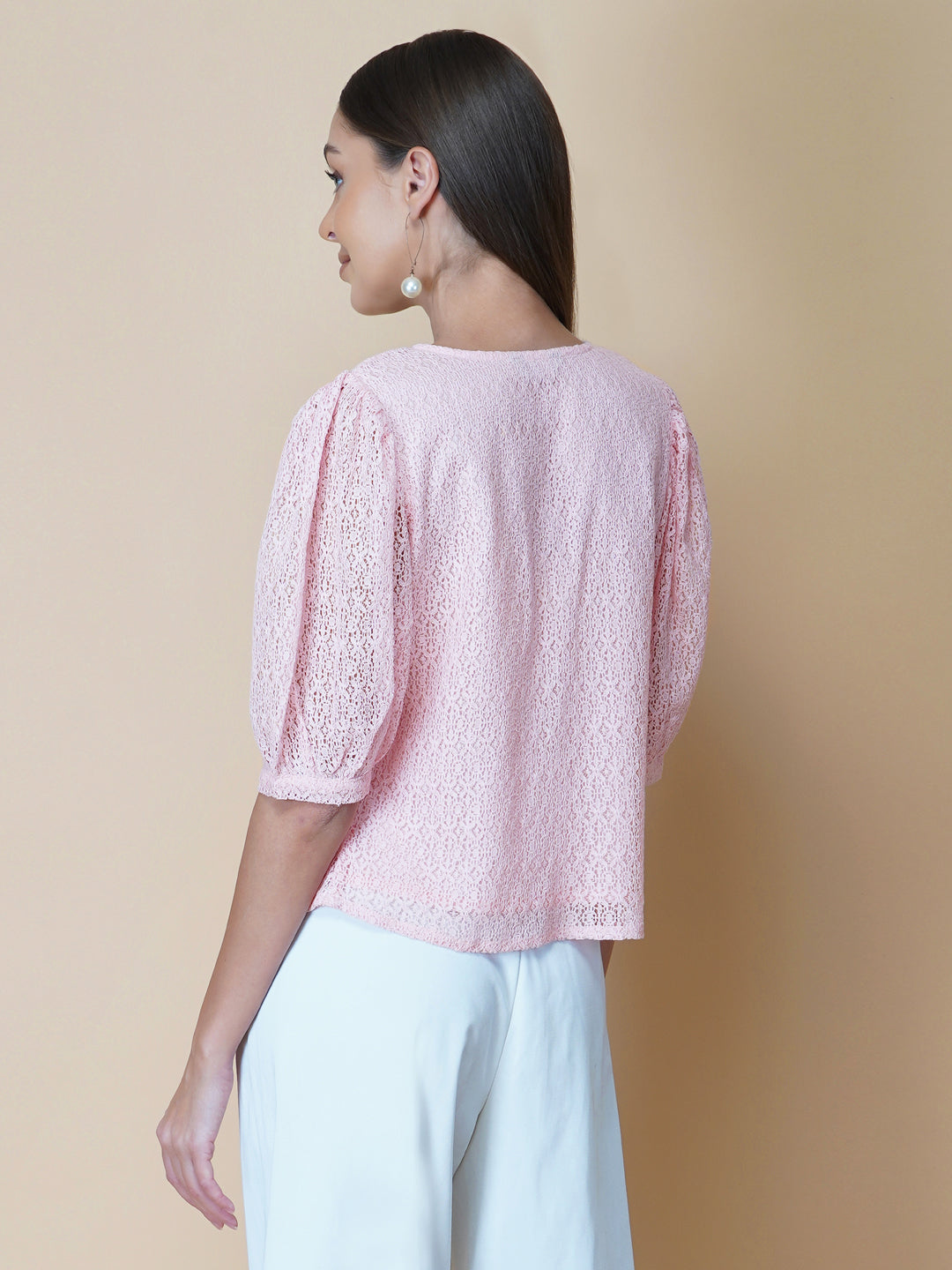 Pink Color Jacquard Mesh Women Top With Lining
