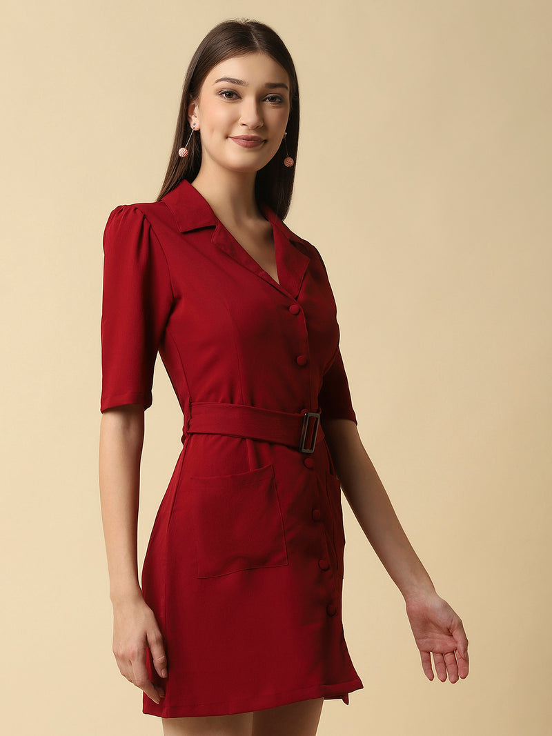 Burgundy Color Solid Short Women Dress With Tailored Collar & Belt