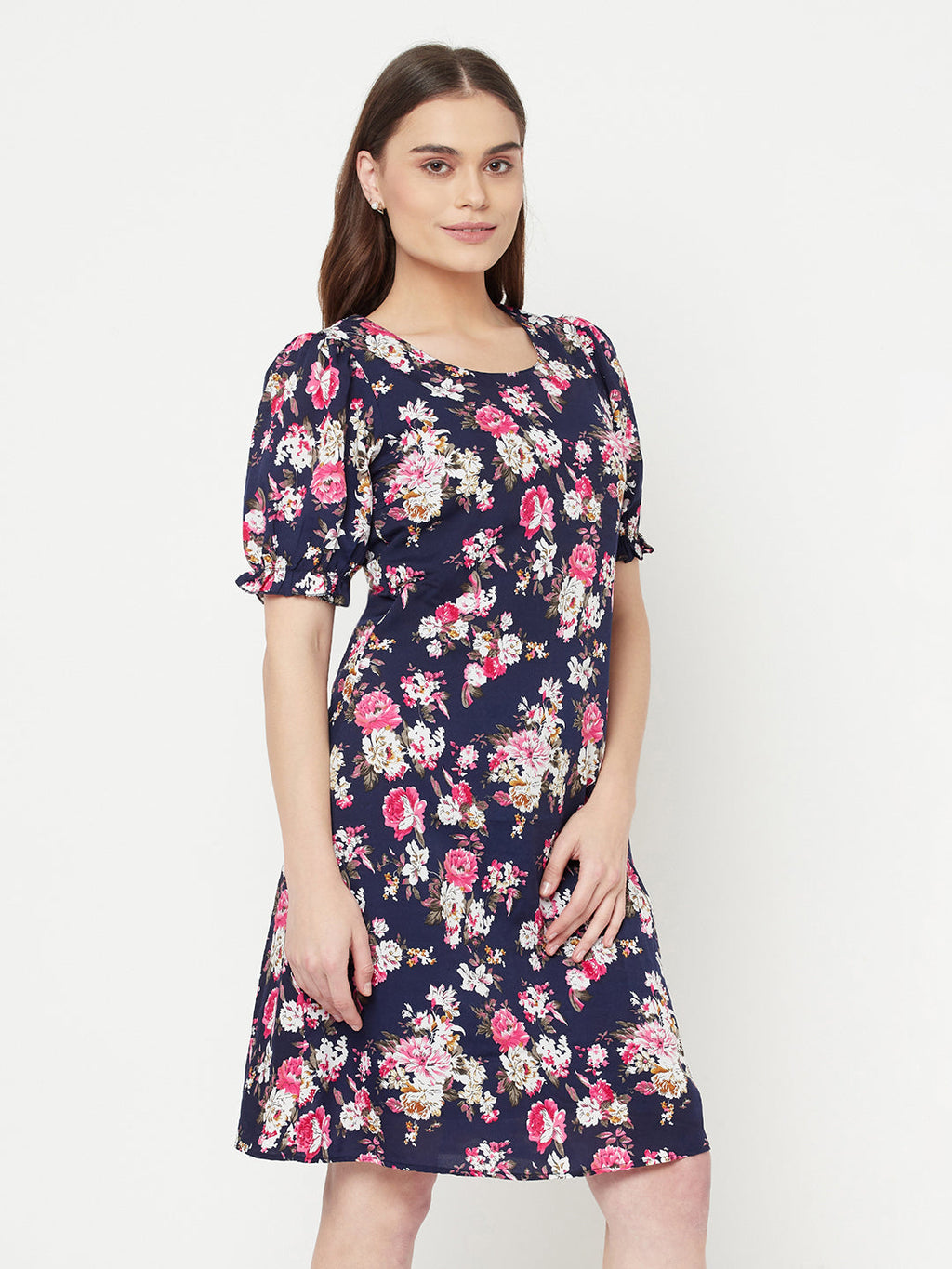 Floral Printed A line short dress with puff sleeve & lining for women.
