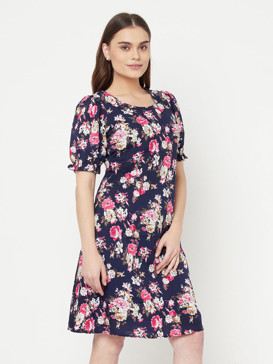 Floral Printed A line short dress with puff sleeve & lining for women.