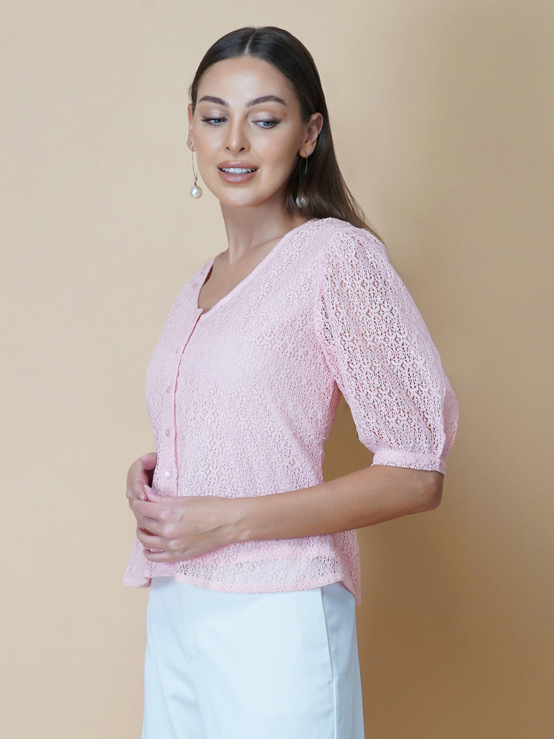 Pink Color Jacquard Mesh Women Top With Lining