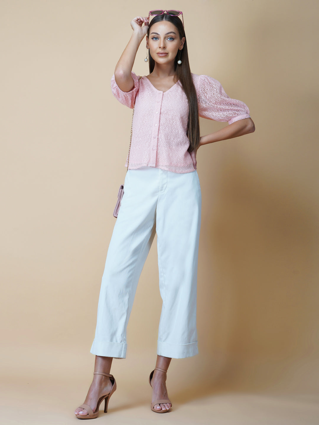 Pink Color Jacquard Mesh Women Top With Lining