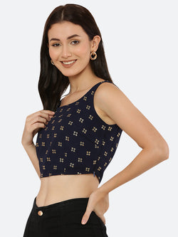 This Blue crop top for women is a trendy and stylish clothing item that can add a pop of color and fun to any outfit.  This  simple, solid-colored with gold printed blue crop top can be a versatile addition to your wardrobe. It can be paired with high-waisted jeans, shorts, or skirts for a casual look, or dressed up with a blazer and heels for a night out.