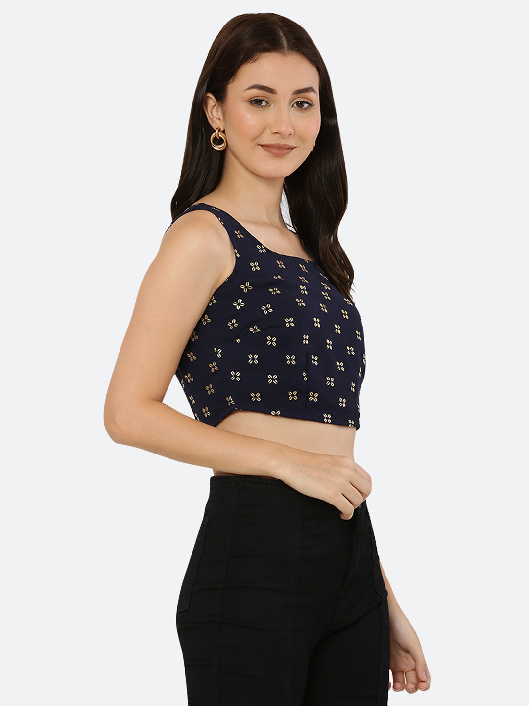 This Blue crop top for women is a trendy and stylish clothing item that can add a pop of color and fun to any outfit.  This  simple, solid-colored with gold printed blue crop top can be a versatile addition to your wardrobe. It can be paired with high-waisted jeans, shorts, or skirts for a casual look, or dressed up with a blazer and heels for a night out.