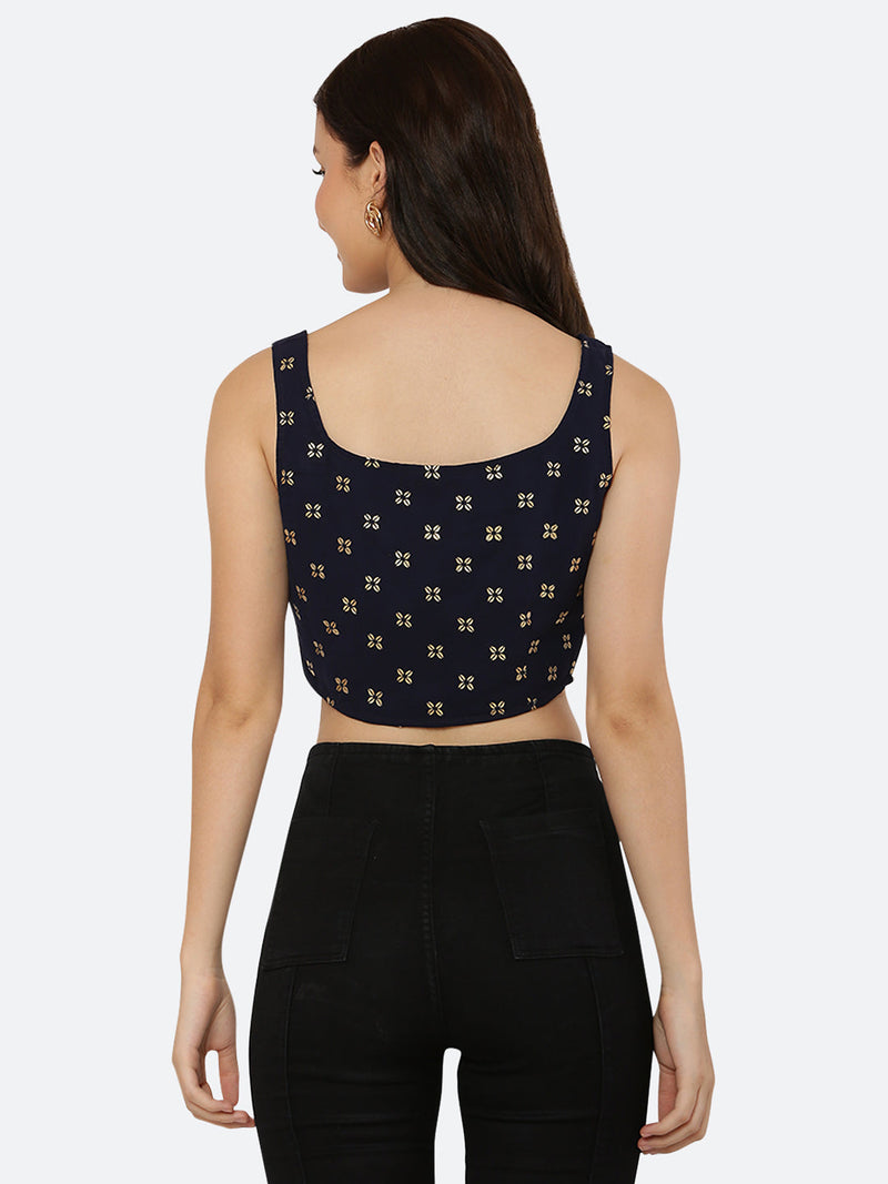 This Blue crop top for women is a trendy and stylish clothing item that can add a pop of color and fun to any outfit.  This  simple, solid-colored with gold printed blue crop top can be a versatile addition to your wardrobe. It can be paired with high-waisted jeans, shorts, or skirts for a casual look, or dressed up with a blazer and heels for a night out.