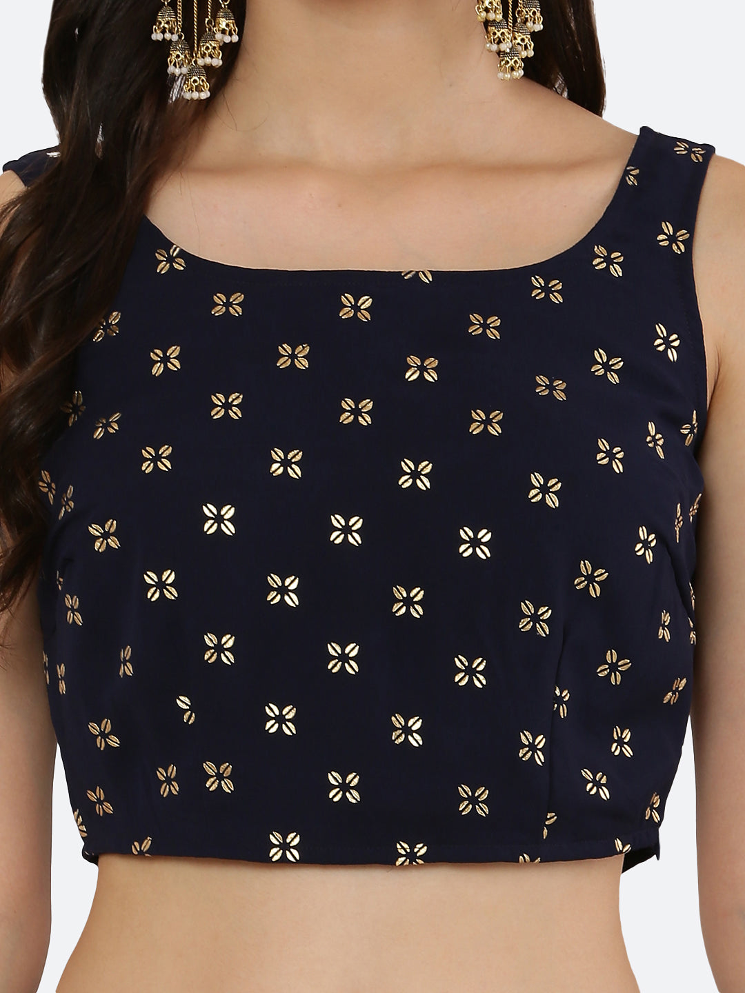 This Blue crop top for women is a trendy and stylish clothing item that can add a pop of color and fun to any outfit.  This  simple, solid-colored with gold printed blue crop top can be a versatile addition to your wardrobe. It can be paired with high-waisted jeans, shorts, or skirts for a casual look, or dressed up with a blazer and heels for a night out.