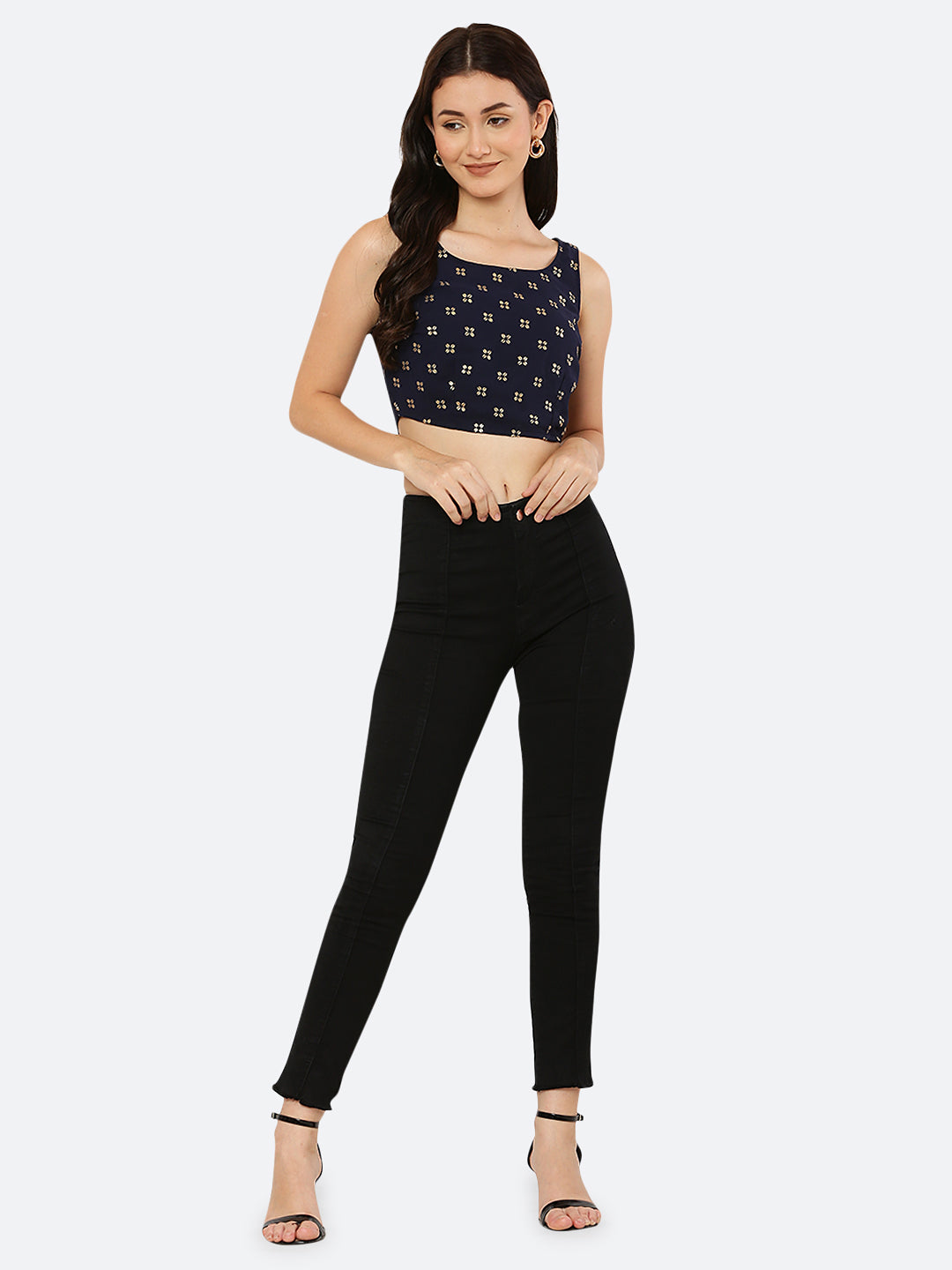 This Blue crop top for women is a trendy and stylish clothing item that can add a pop of color and fun to any outfit.  This  simple, solid-colored with gold printed blue crop top can be a versatile addition to your wardrobe. It can be paired with high-waisted jeans, shorts, or skirts for a casual look, or dressed up with a blazer and heels for a night out.