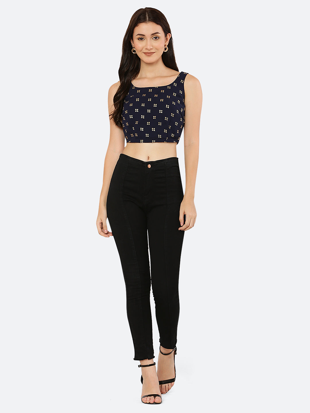 Blue Color Foil Printed Crop Top For Women