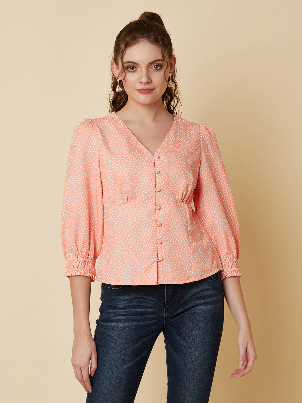 Orange Color Tiny Polka Printed Women Top