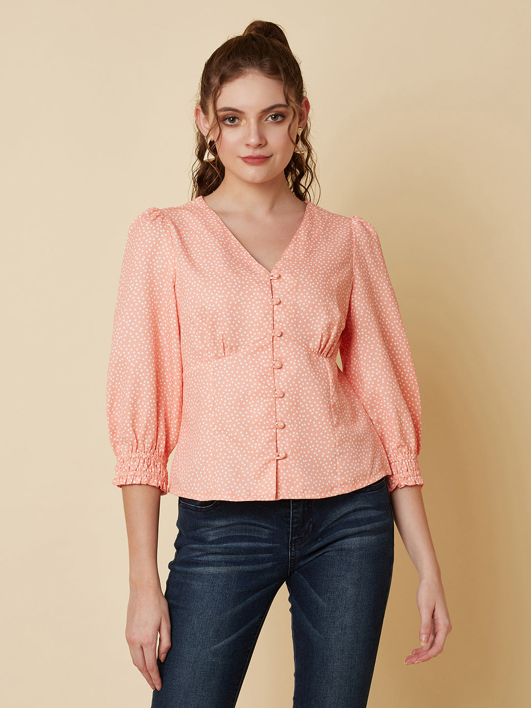 Orange Color Tiny Polka Printed Women Top