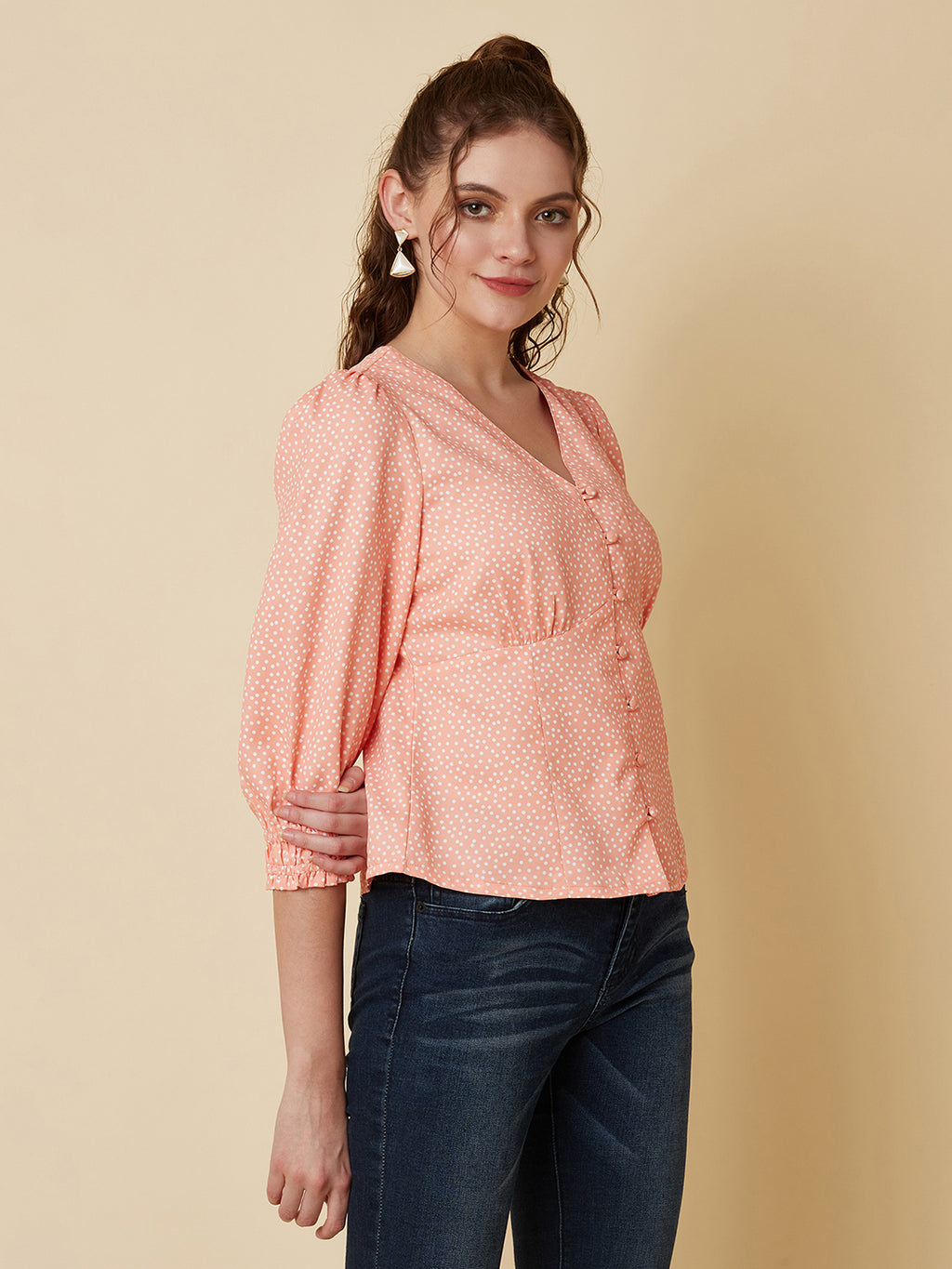 Orange Color Tiny Polka Printed Women Top
