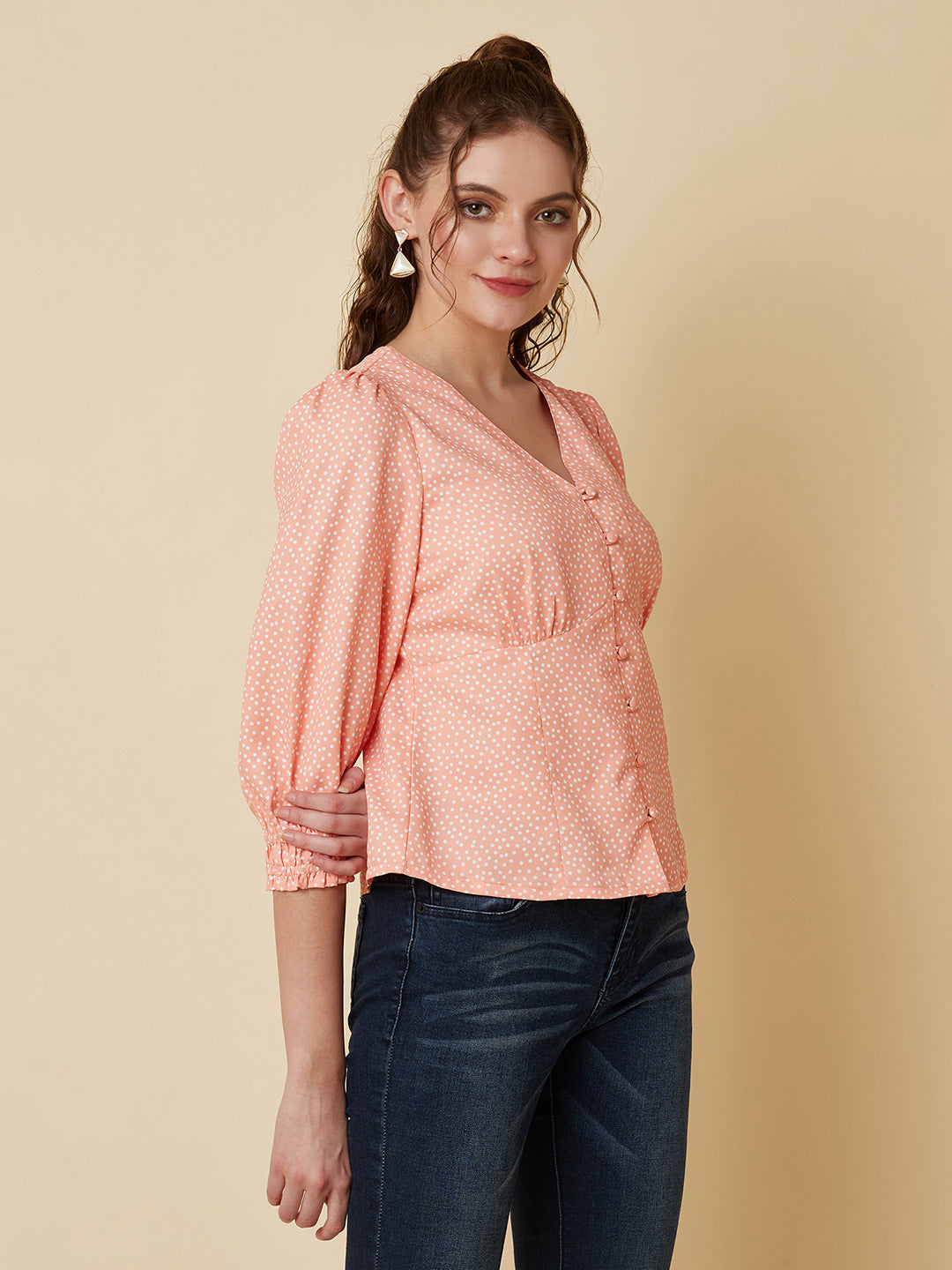 Orange Color Tiny Polka Printed Women Top
