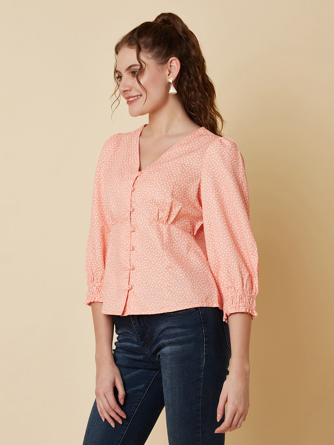 Orange Color Tiny Polka Printed Women Top