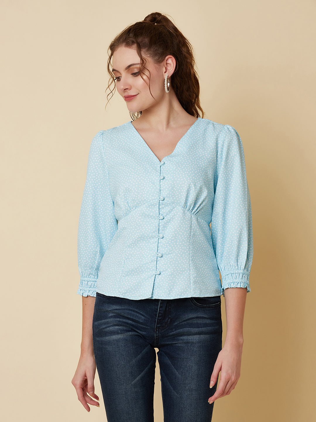 Blue Color Tiny Polka Printed Women Top