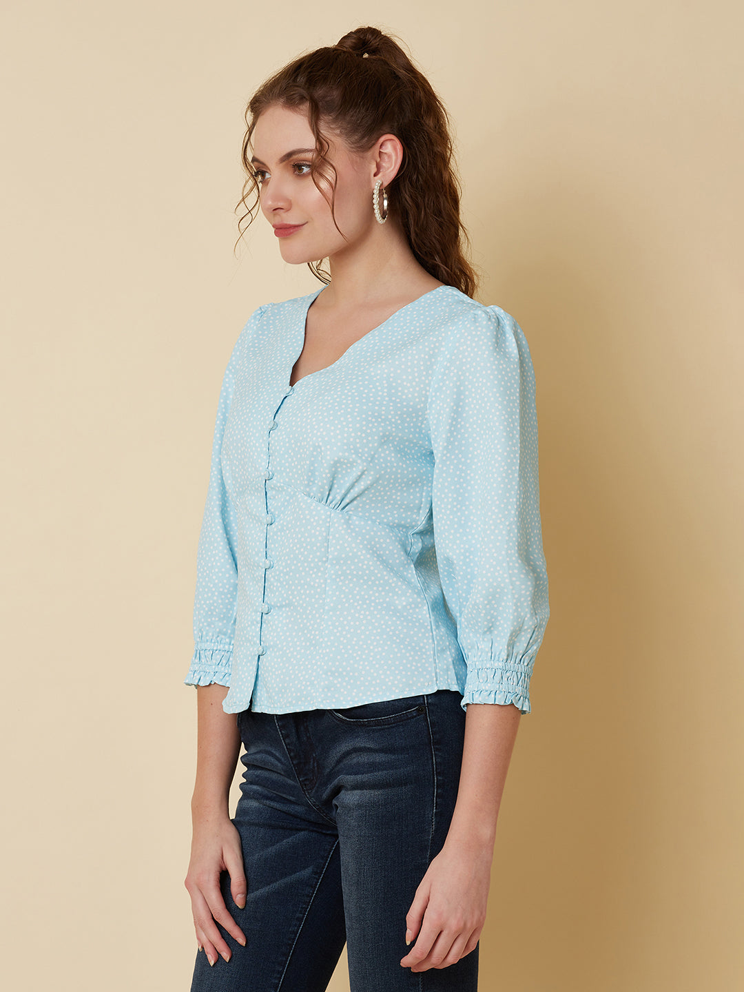 Blue Color Tiny Polka Printed Women Top