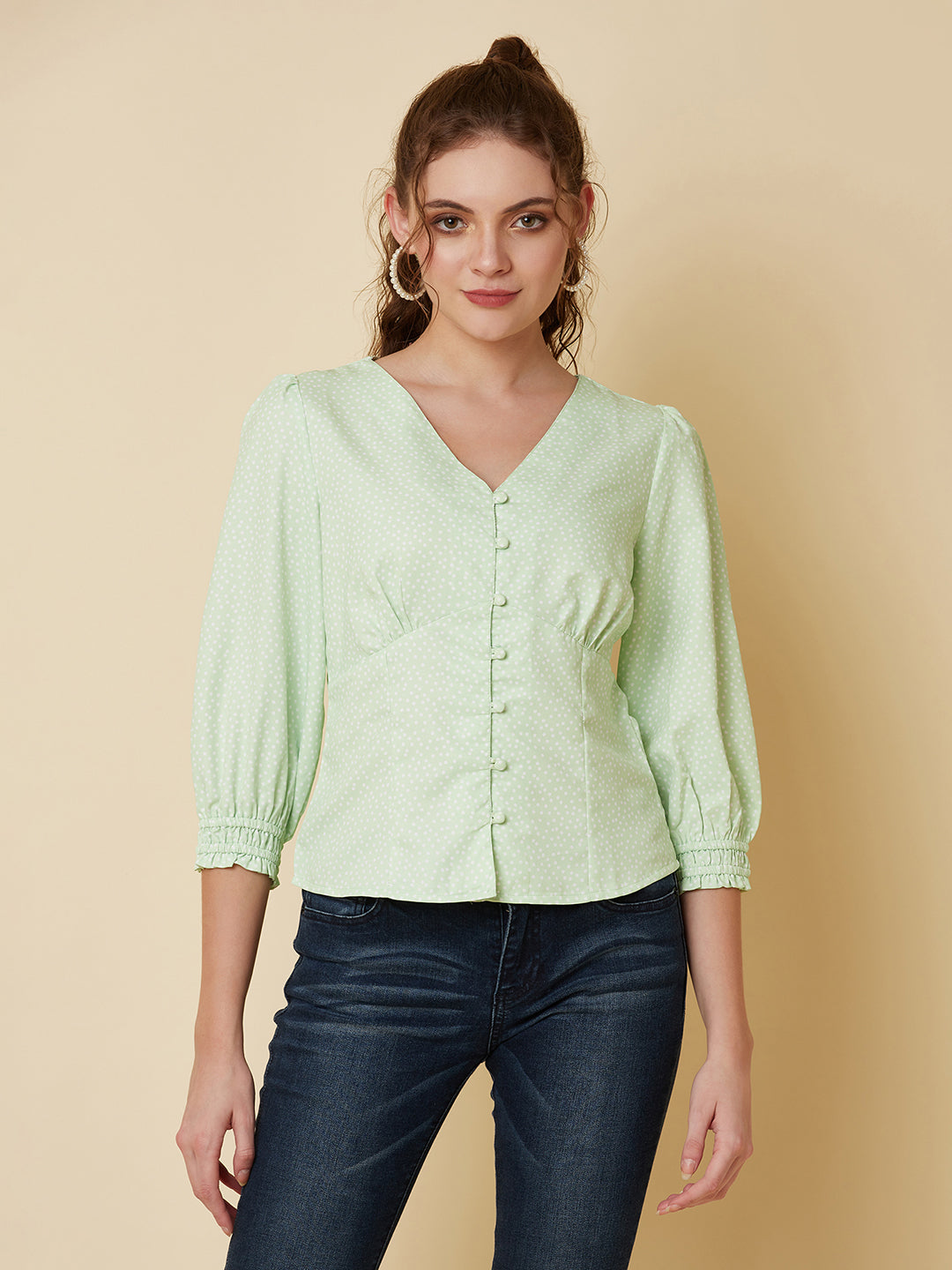 Green Color Tiny Polka Printed Women Top