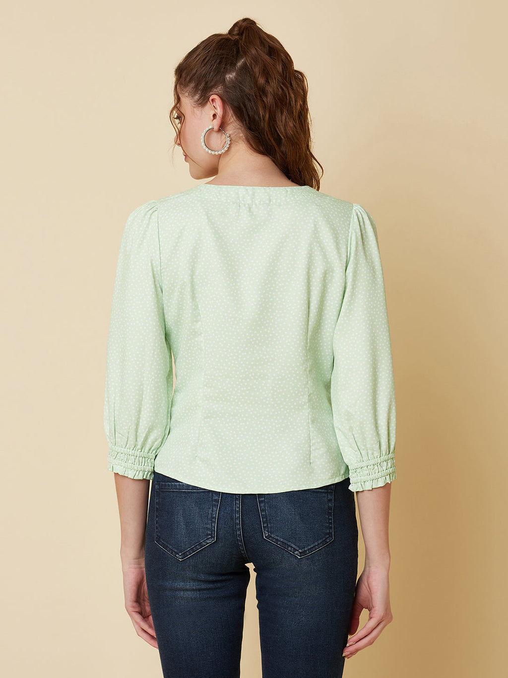 Green Color Tiny Polka Printed Women Top