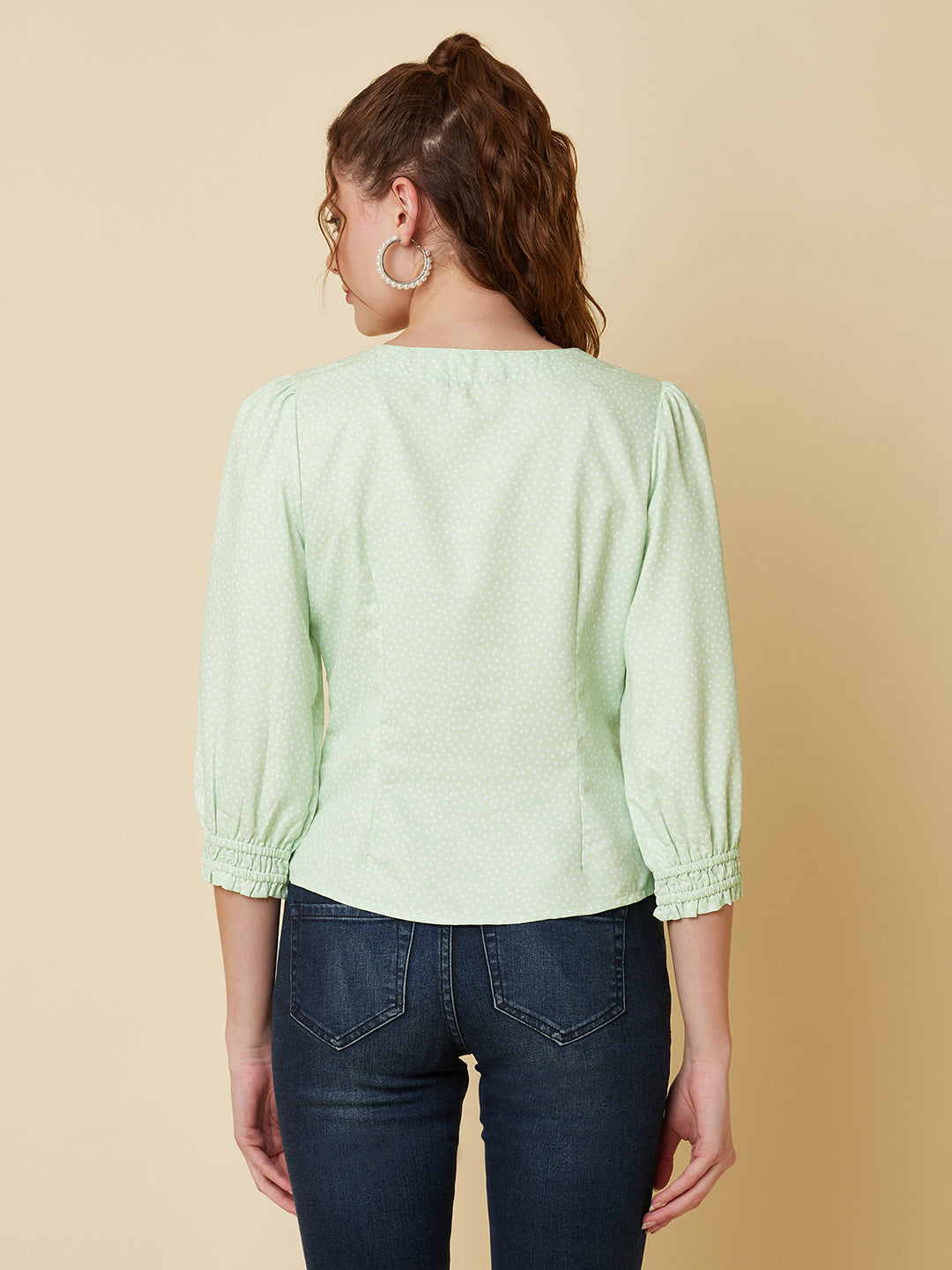 Green Color Tiny Polka Printed Women Top