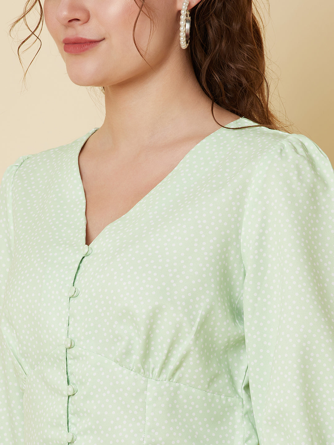 Green Color Tiny Polka Printed Women Top