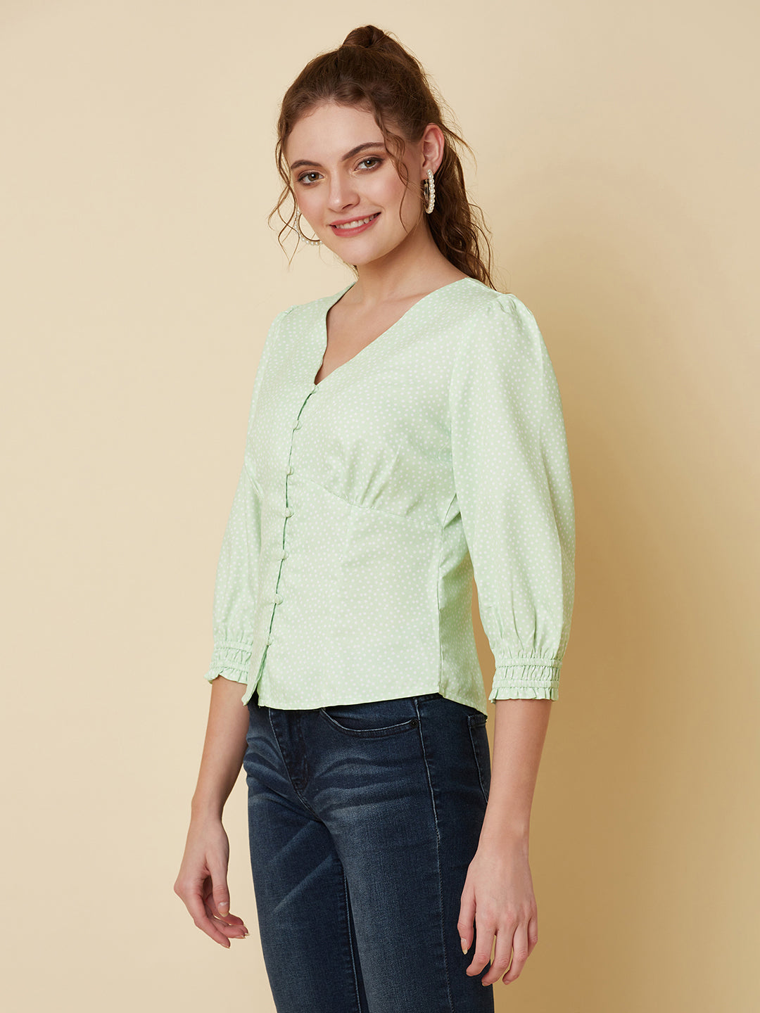 Green Color Tiny Polka Printed Women Top