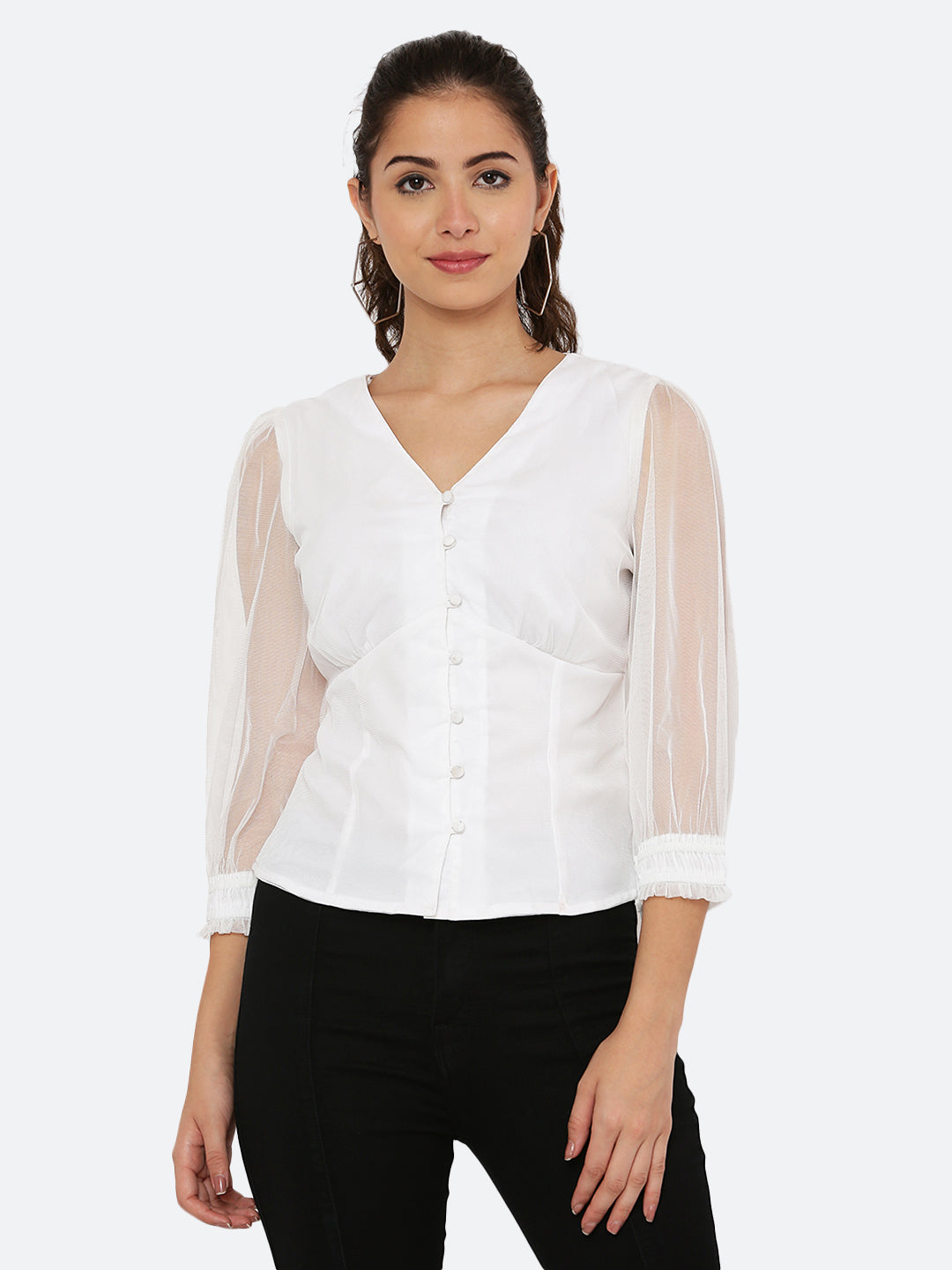 This white mesh top features a front button closure, allowing for easy wear and a stylish look. The mesh material adds a unique and trendy touch to the piece, while the soft pink color adds a feminine and playful feel.  This top can be dressed up or down, making it a versatile addition to any wardrobe. Pair it with a high waisted skirt for a chic look, or with jeans and sneakers for a more casual vibe.