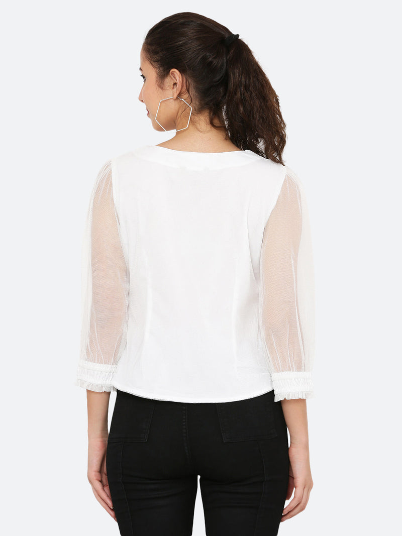 This white mesh top features a front button closure, allowing for easy wear and a stylish look. The mesh material adds a unique and trendy touch to the piece, while the soft pink color adds a feminine and playful feel.  This top can be dressed up or down, making it a versatile addition to any wardrobe. Pair it with a high waisted skirt for a chic look, or with jeans and sneakers for a more casual vibe.
