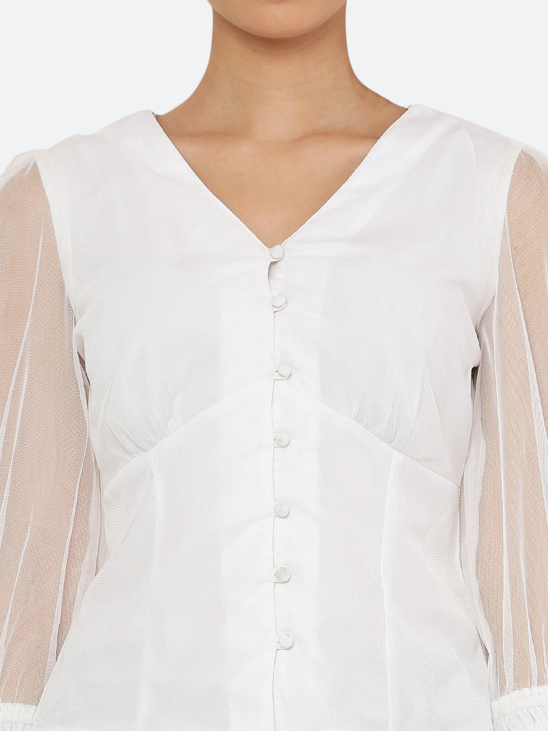 This white mesh top features a front button closure, allowing for easy wear and a stylish look. The mesh material adds a unique and trendy touch to the piece, while the soft pink color adds a feminine and playful feel.  This top can be dressed up or down, making it a versatile addition to any wardrobe. Pair it with a high waisted skirt for a chic look, or with jeans and sneakers for a more casual vibe.