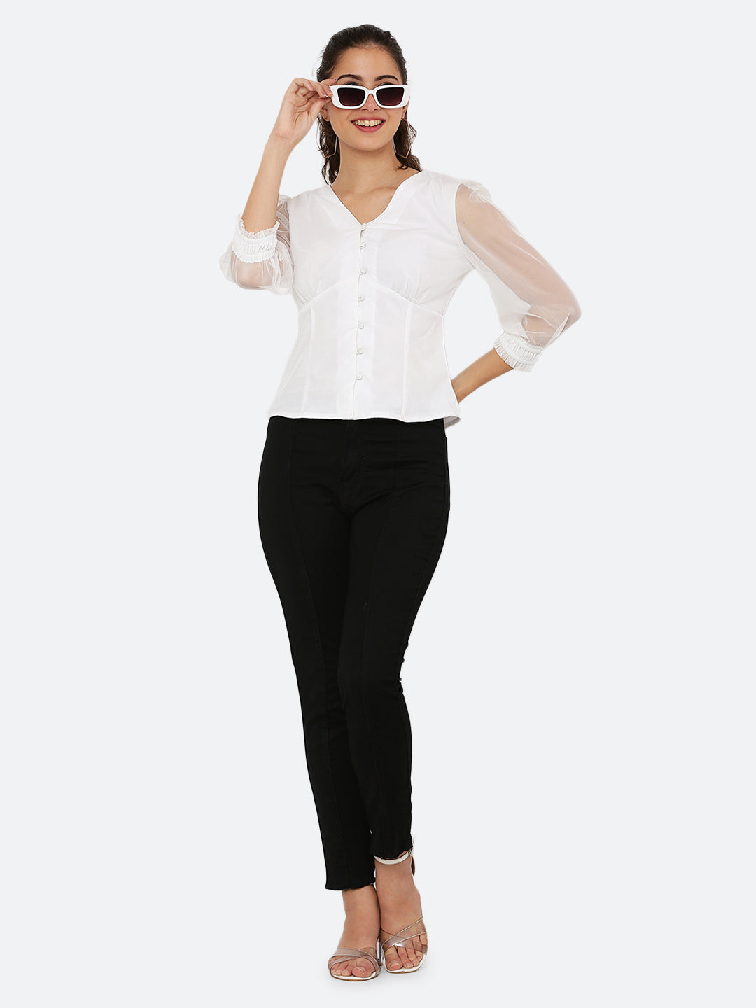 White Mesh Top With Front Button