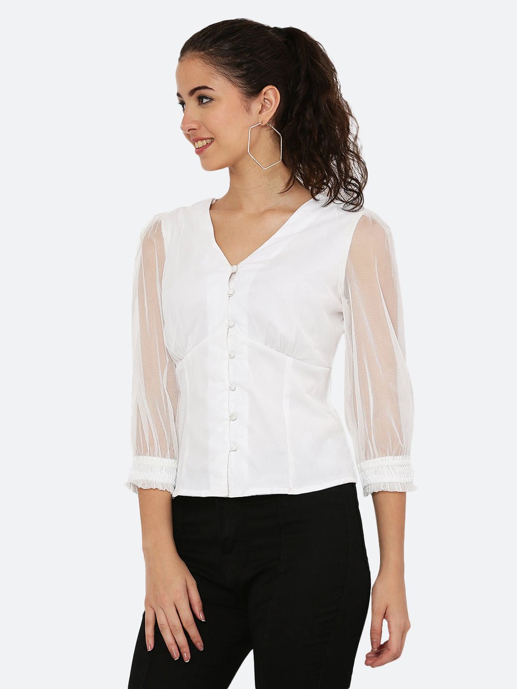 White Mesh Top With Front Button