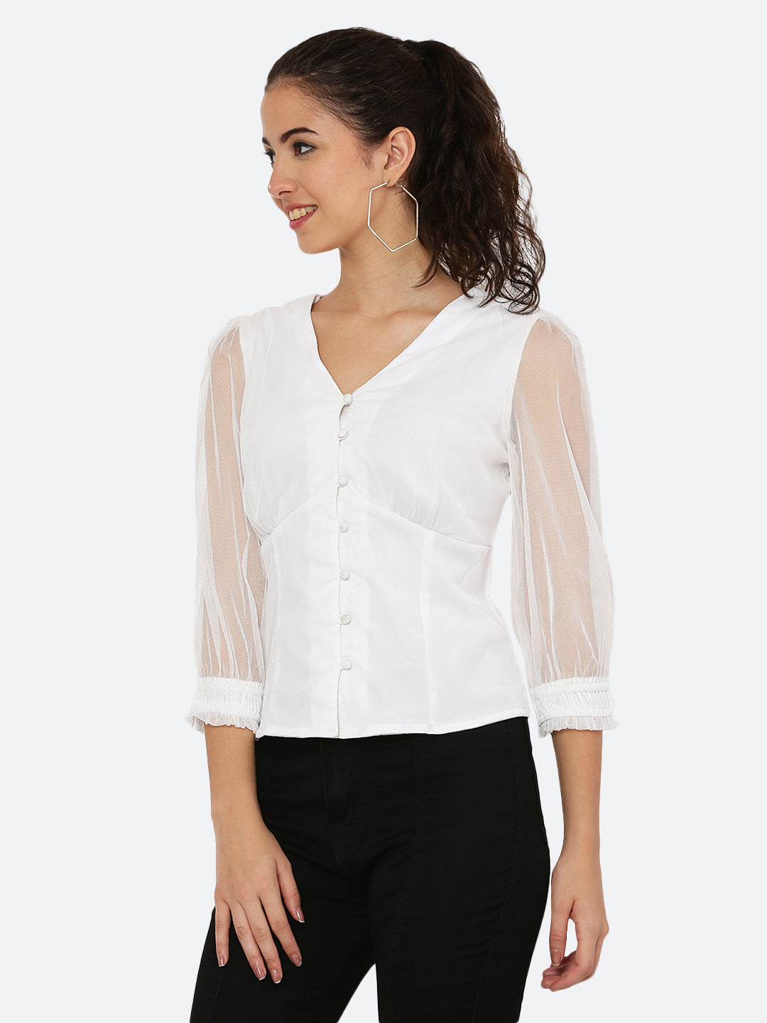 White Mesh Top With Front Button