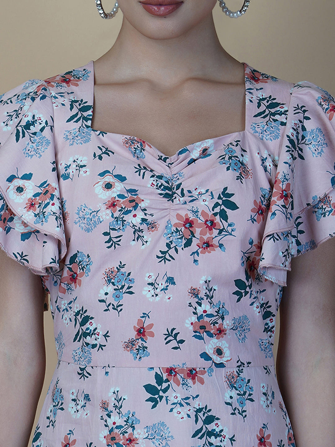 Cotton Printed Women Dress With Ruffled Sleeve & Ruched Bust