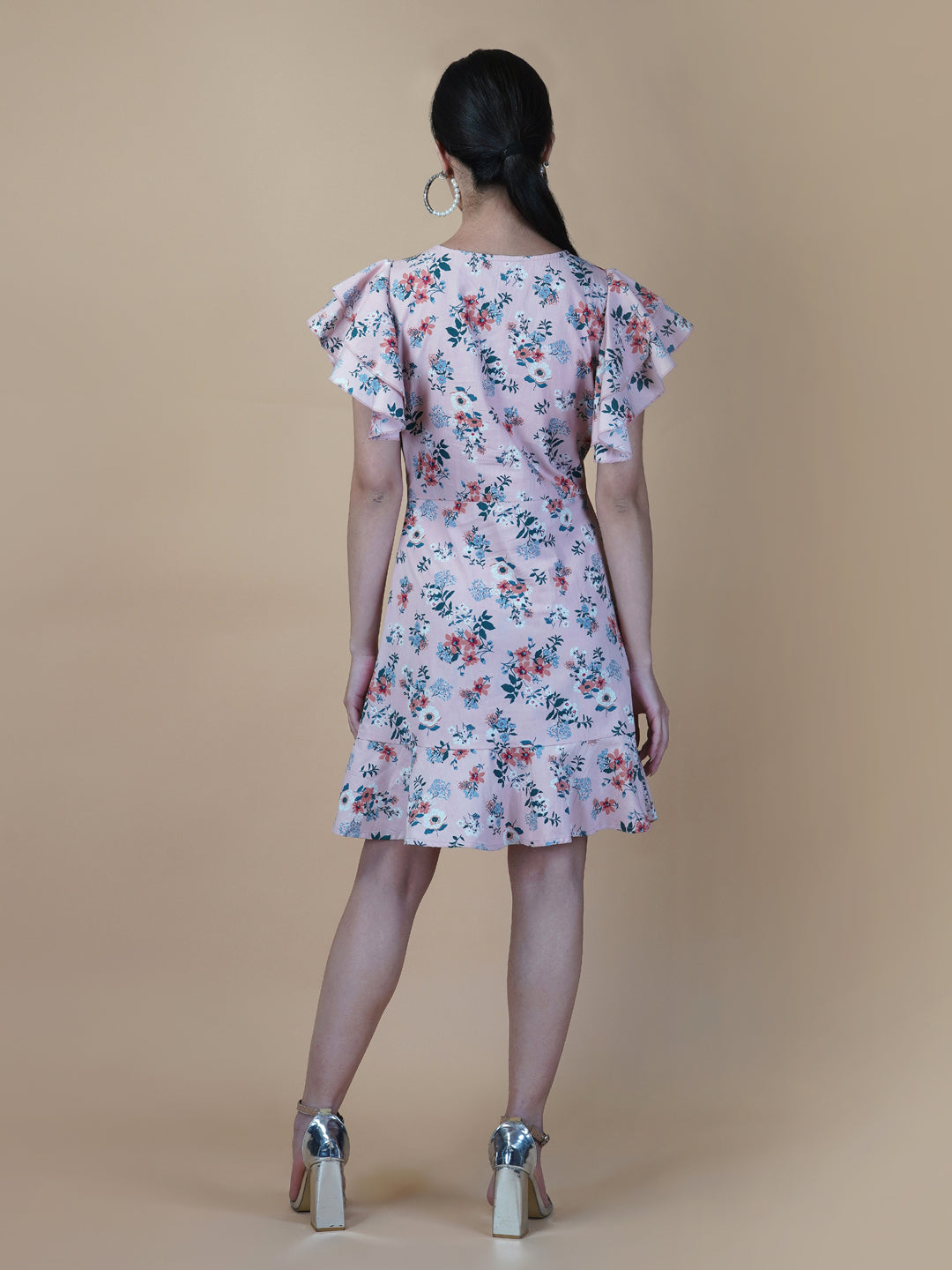 Cotton Printed Women Dress With Ruffled Sleeve & Ruched Bust