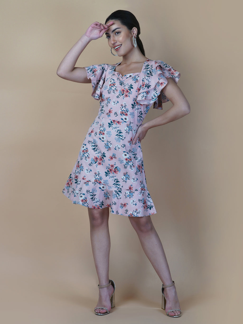 Cotton Printed Women Dress With Ruffled Sleeve & Ruched Bust