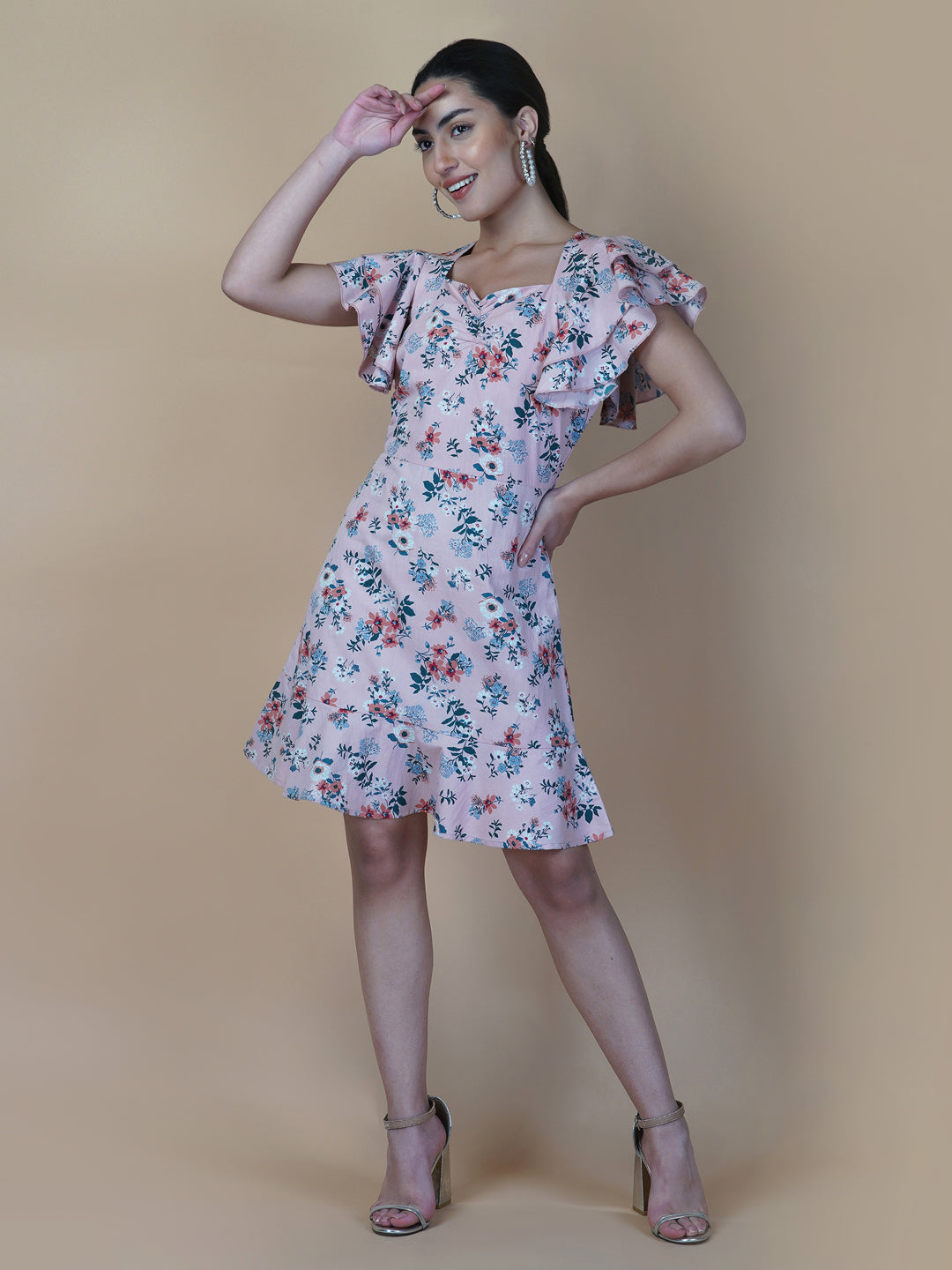 Cotton Printed Women Dress With Ruffled Sleeve & Ruched Bust