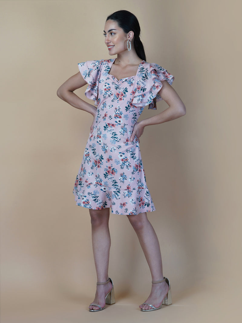 Cotton Printed Women Dress With Ruffled Sleeve & Ruched Bust