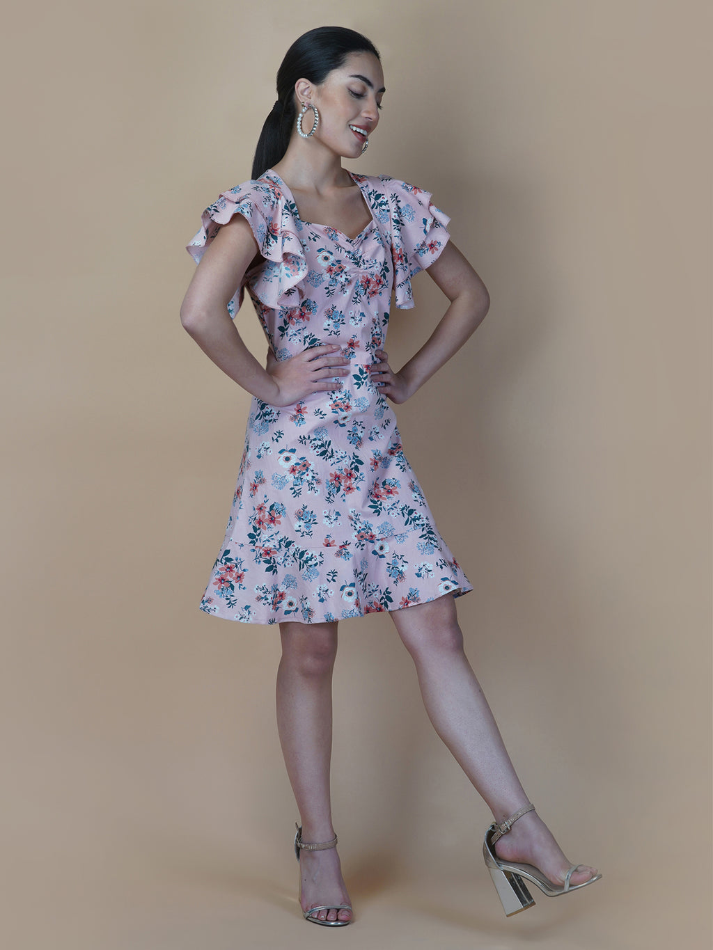 Cotton Printed Women Dress With Ruffled Sleeve & Ruched Bust
