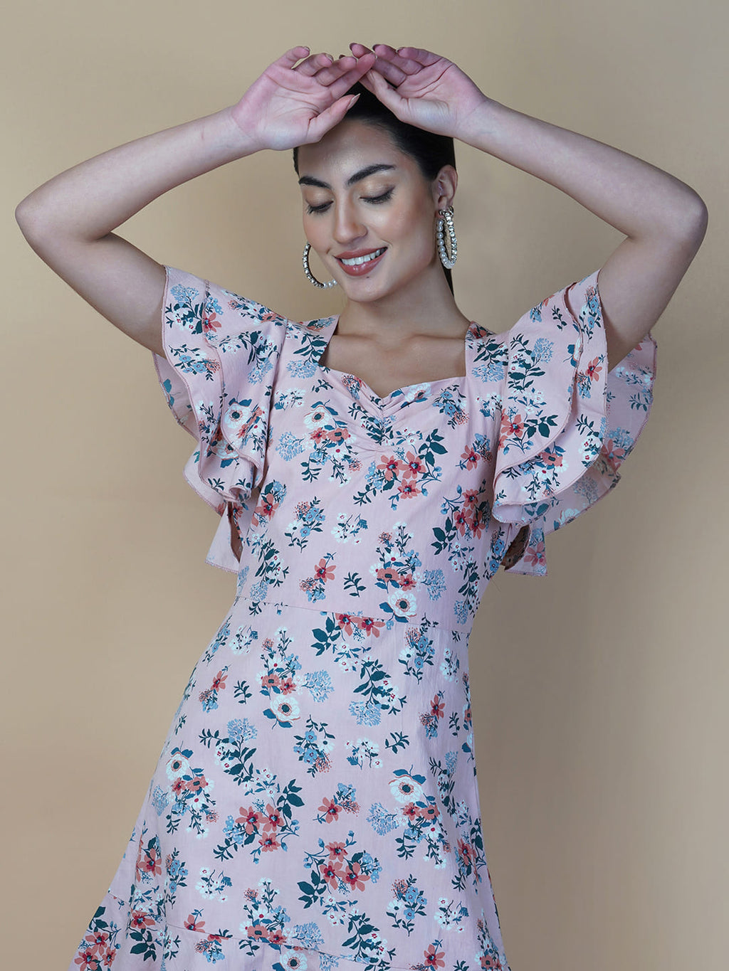 Cotton Printed Women Dress With Ruffled Sleeve & Ruched Bust