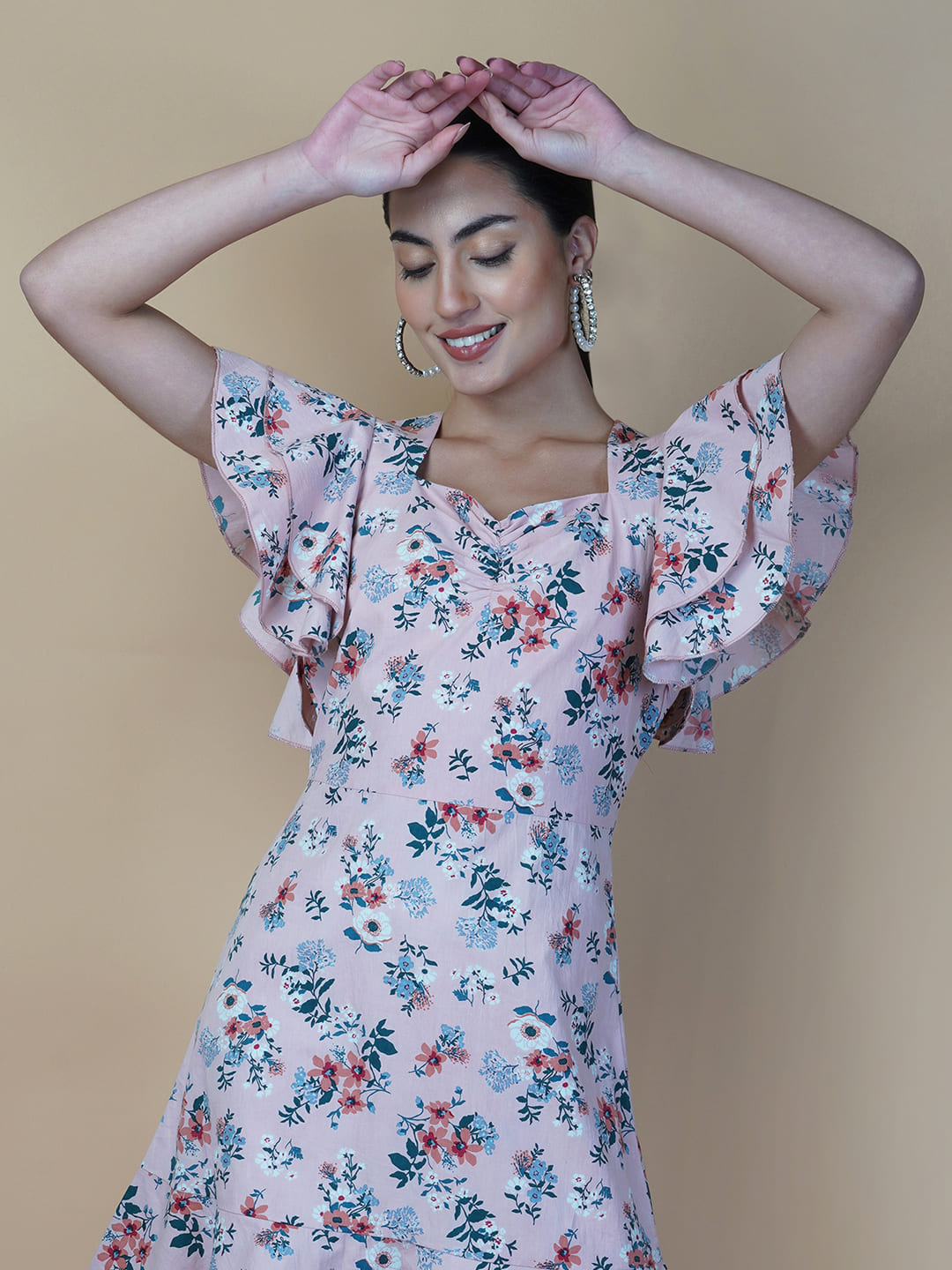 Cotton Printed Women Dress With Ruffled Sleeve & Ruched Bust