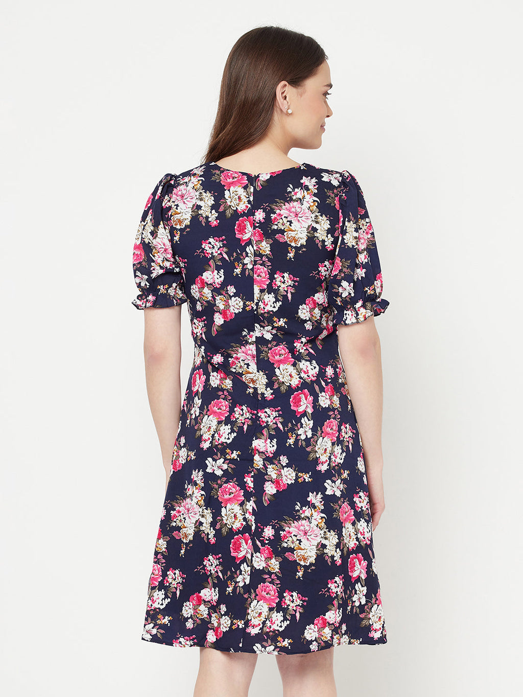 Floral Printed A line short dress with puff sleeve & lining for women.