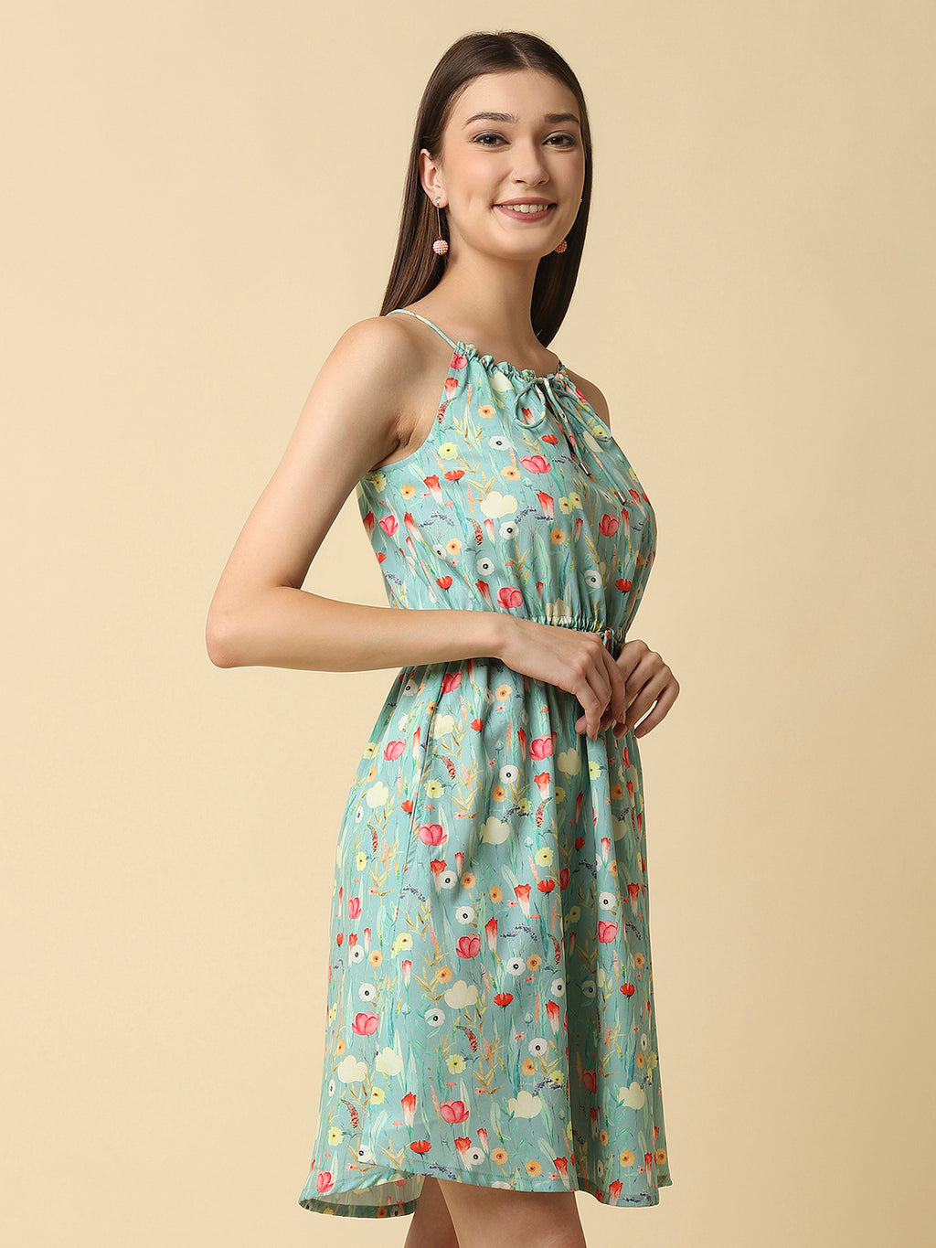 A floral printed halter neck dress with a drawstring waist and side pockets sounds like a stylish and comfortable summer dress. The halter neck style allows for a bit of skin to be shown and the drawstring waist allows for a flattering, adjustable fit. The side pockets add a practical touch and convenience, allowing you to keep small essentials close at hand. 