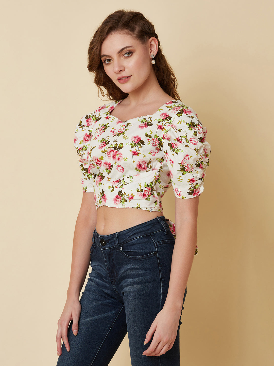 Floral Printed Cotton Crop Top For Women with pleated sleeve  and a tie up waist.