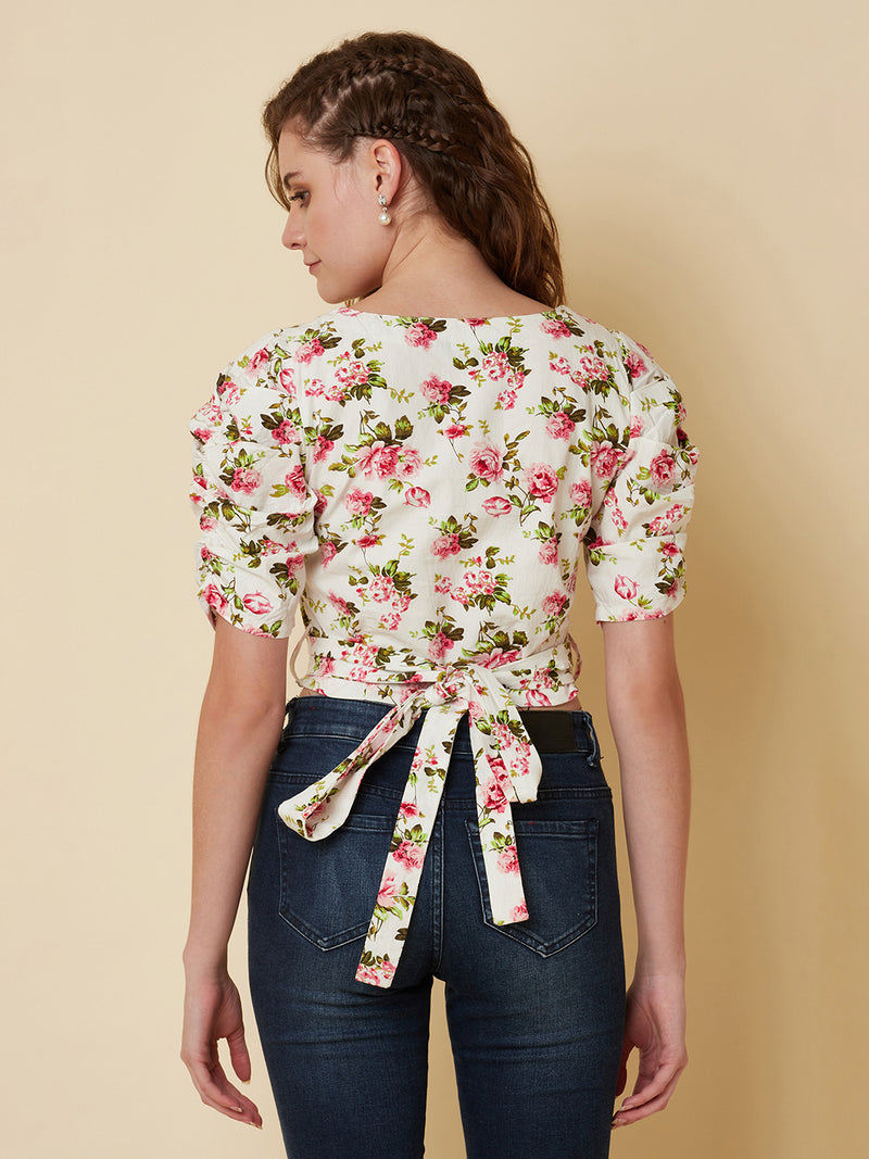 Floral Printed Cotton Crop Top For Women with pleated sleeve  and a tie up waist.