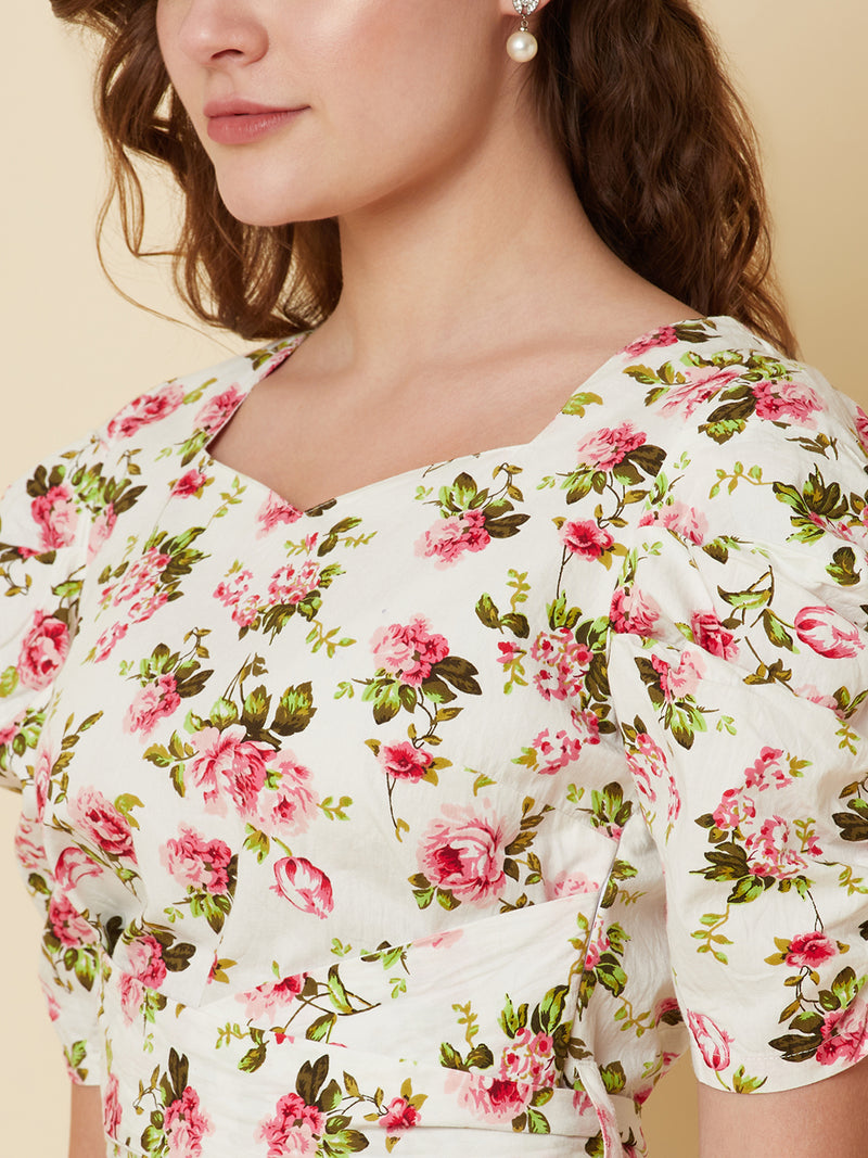 Floral Printed Cotton Crop Top For Women with pleated sleeve  and a tie up waist.