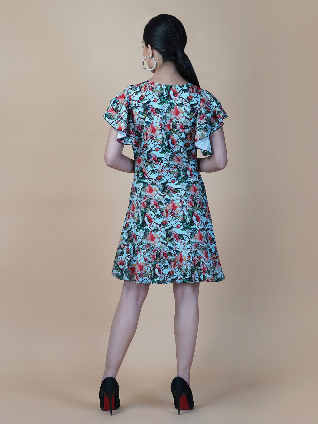 The Women Dress with Double Ruffled Sleeve and Ruched Bust is a fashionable dress for women. It features a double ruffled sleeve design that adds a feminine touch to the dress. The dress also has a ruched bust which gives it a flattering and elegant look. The dress is made from a soft and comfortable fabric that feels good against the skin.