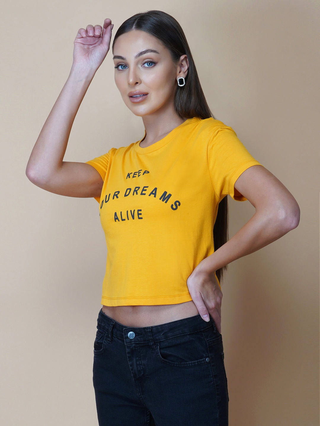 This women's t-shirt features a vibrant yellow color, making it perfect for adding a pop of brightness to any outfit. The T-shirt is made from a soft, comfortable fabric that is perfect for everyday wear. The design features a classic round neckline and short sleeves, making it ideal for warmer weather.