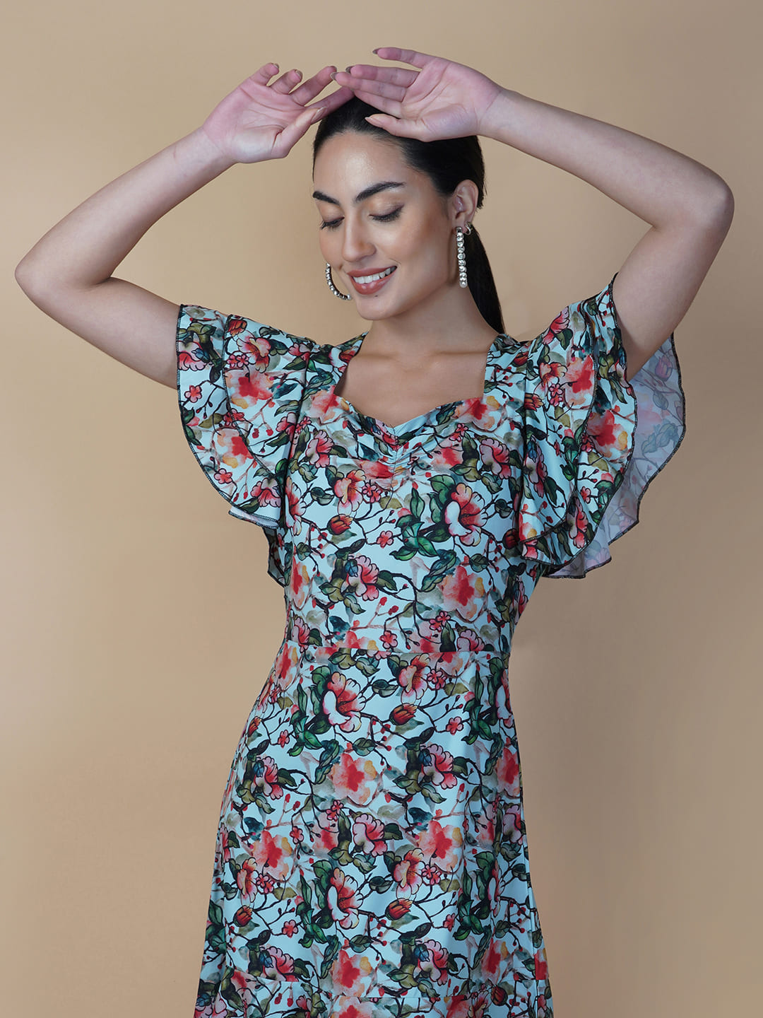 The Women Dress with Double Ruffled Sleeve and Ruched Bust is a fashionable dress for women. It features a double ruffled sleeve design that adds a feminine touch to the dress. The dress also has a ruched bust which gives it a flattering and elegant look. The dress is made from a soft and comfortable fabric that feels good against the skin.